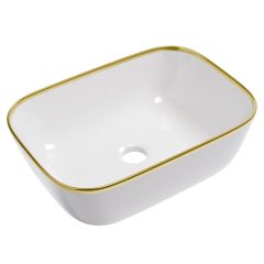   HD Mira Gold-Stripe 45 cm széles pultra ültethető fényes fehér porcelán mosdótál, arany design mintával