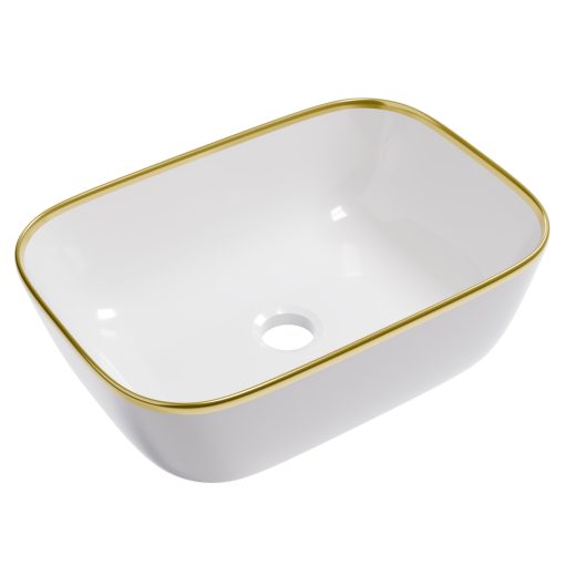 HD Mira Gold-Stripe 45 cm széles pultra ültethető fényes fehér porcelán mosdótál, arany design mintával