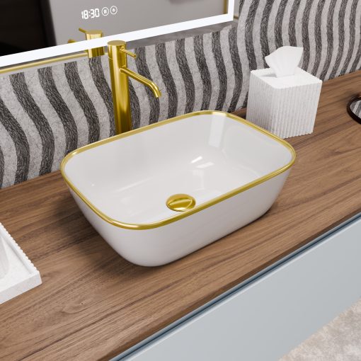 HD Mira Gold-Stripe 45 cm széles pultra ültethető fényes fehér porcelán mosdótál, arany design mintával