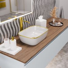 HD Mira Gold-Stripe 45 cm széles pultra ültethető fényes fehér porcelán mosdótál, arany design mintával