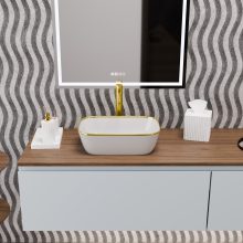 HD Mira Gold-Stripe 45 cm széles pultra ültethető fényes fehér porcelán mosdótál, arany design mintával