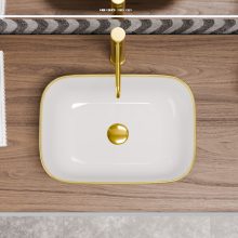 HD Mira Gold-Stripe 45 cm széles pultra ültethető fényes fehér porcelán mosdótál, arany design mintával