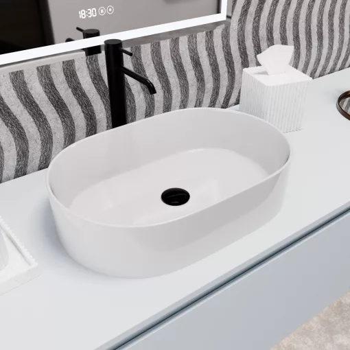 HD Luna White 50 cm széles pultra ültethető fényes fehér porcelán mosdótál