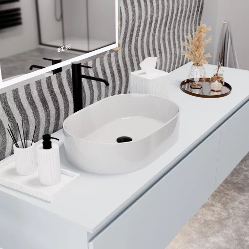 HD Luna White 50 cm széles pultra ültethető fényes fehér porcelán mosdótál