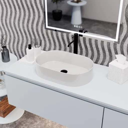 HD Luna White 50 cm széles pultra ültethető fényes fehér porcelán mosdótál