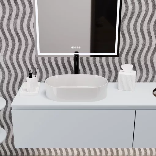 HD Luna White 50 cm széles pultra ültethető fényes fehér porcelán mosdótál