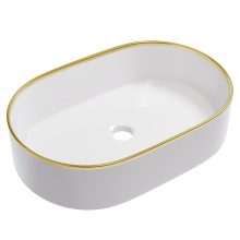 HD Luna Gold-Stripe 50 cm széles pultra ültethető fényes fehér porcelán mosdótál arany design mintával