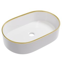  HD Luna Gold-Stripe 50 cm széles pultra ültethető fényes fehér porcelán mosdótál arany design mintával