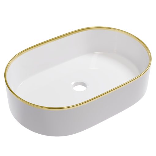 HD Luna Gold-Stripe 50 cm széles pultra ültethető fényes fehér porcelán mosdótál arany design mintával