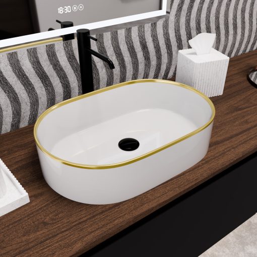 HD Luna Gold-Stripe 50 cm széles pultra ültethető fényes fehér porcelán mosdótál arany design mintával