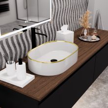 HD Luna Gold-Stripe 50 cm széles pultra ültethető fényes fehér porcelán mosdótál arany design mintával