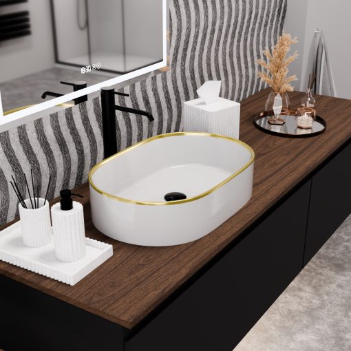 HD Luna Gold-Stripe 50 cm széles pultra ültethető fényes fehér porcelán mosdótál arany design mintával