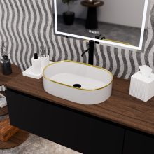 HD Luna Gold-Stripe 50 cm széles pultra ültethető fényes fehér porcelán mosdótál arany design mintával