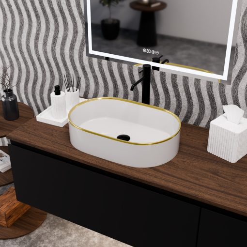 HD Luna Gold-Stripe 50 cm széles pultra ültethető fényes fehér porcelán mosdótál arany design mintával