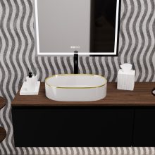 HD Luna Gold-Stripe 50 cm széles pultra ültethető fényes fehér porcelán mosdótál arany design mintával