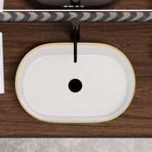 HD Luna Gold-Stripe 50 cm széles pultra ültethető fényes fehér porcelán mosdótál arany design mintával