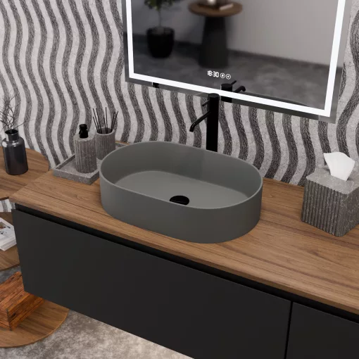 HD Luna Matt Grey 50 cm széles pultra ültethető matt szürke porcelán mosdótál