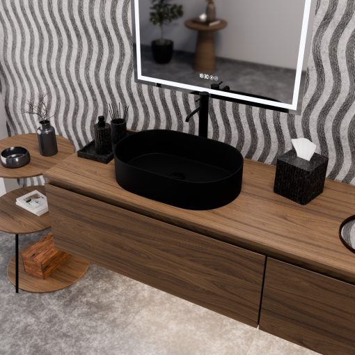 HD Luna Matt Black 50 cm széles pultra ültethető matt fekete porcelán mosdótál