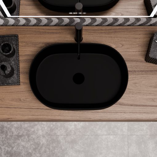 HD Luna Matt Black 50 cm széles pultra ültethető matt fekete porcelán mosdótál