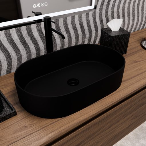 HD Luna Matt Black 60 cm széles pultra ültethető matt fekete porcelán mosdótál