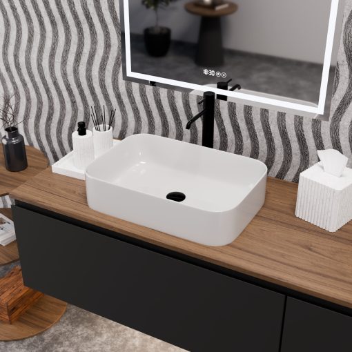 HD Meda White 55 cm széles pultra ültethető fényes fehér porcelán mosdótál