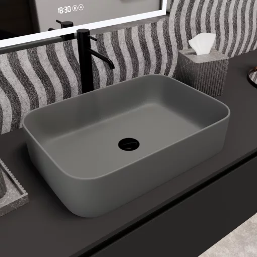 HD Meda Matt Grey 55 cm széles pultra ültethető porcelán mosdótál, matt szürke