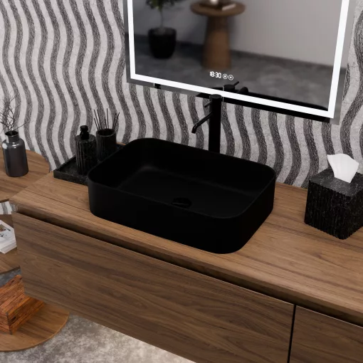 HD Meda Matt Black 55 cm széles pultra ültethető matt fekete porcelán mosdótál