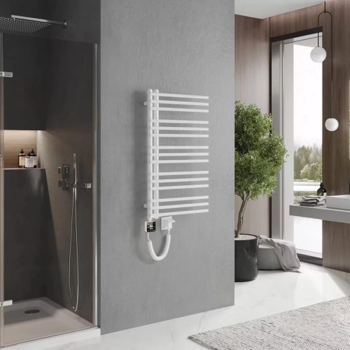 HD Triton White 1000x500 mm smart elektromos design törölközőszárító radiátor 400W-os wifi-s fűtőpatronnal, fényes fehér