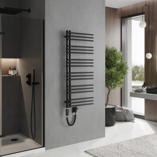 HD Triton Black 1200x500 mm elektromos design törölközőszárító radiátor 400W-os fűtőpatronnal, matt fekete