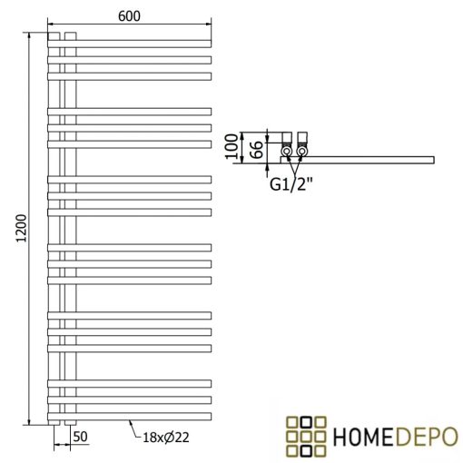 HD Triton Black 1200x600 mm design törölközőszárító radiátor, matt fekete