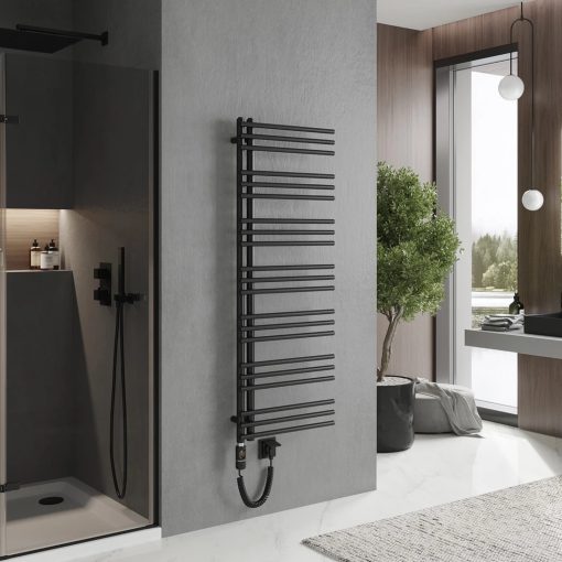 HD Triton Black 1400x600 mm elektromos design törölközőszárító radiátor 600W-os fűtőpatronnal, matt fekete