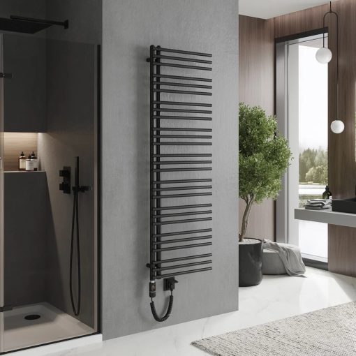 HD Triton Black 1600x500 mm elektromos design törölközőszárító radiátor 600W-os fűtőpatronnal, matt fekete