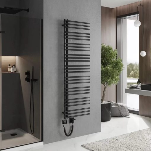 HD Triton Black 1600x500 mm smart elektromos design törölközőszárító radiátor 600W-os wifi-s fűtőpatronnal, matt fekete