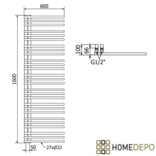 HD Triton Black 1600x600 mm design törölközőszárító radiátor, matt fekete