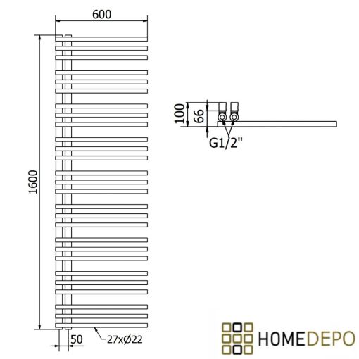 HD Triton White 1600x600 mm smart elektromos design törölközőszárító radiátor 900W-os wifi-s fűtőpatronnal, fényes fehér