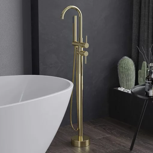 HD Amelia Glossy Gold íves arany szabadonálló kádtöltő csaptelep elforgatható kifolyócsővel és kézi zuhanyszettel
