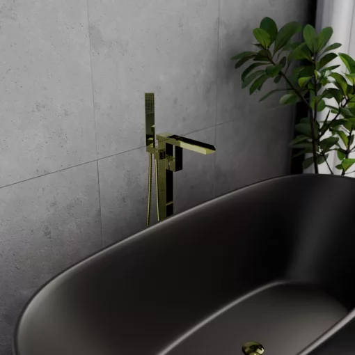 HD Aleta Glossy Gold fényes arany szabadonálló kádtöltő csaptelep nyitott cascade kifolyócsővel és kézi zuhanyszettel