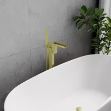 HD Aleta Brushed Gold szálcsiszolt arany szabadonálló kádtöltő csaptelep nyitott cascade kifolyócsővel és kézi zuhanyszettel