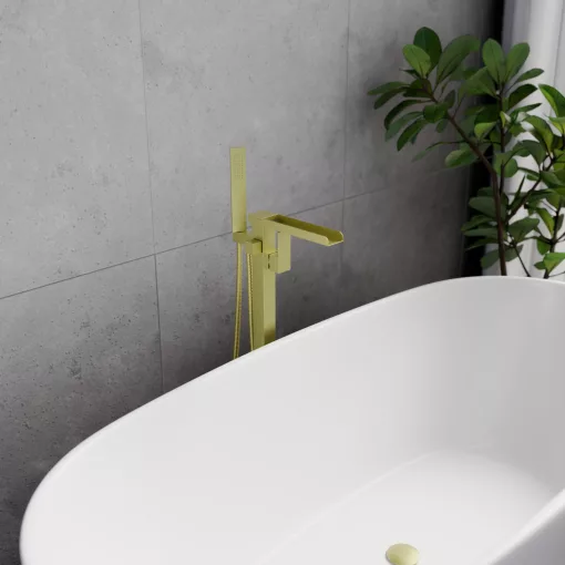 HD Aleta Brushed Gold szálcsiszolt arany szabadonálló kádtöltő csaptelep nyitott cascade kifolyócsővel és kézi zuhanyszettel