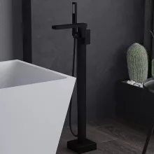 HD Aleta Black fekete szabadonálló kádtöltő csaptelep nyitott cascade kifolyócsővel és kézi zuhanyszettel