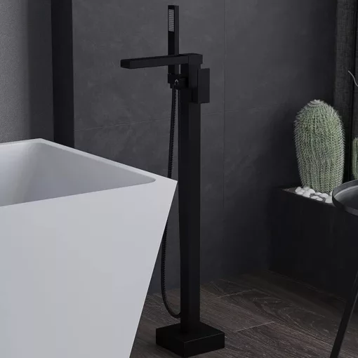 HD Aleta Black fekete szabadonálló kádtöltő csaptelep nyitott cascade kifolyócsővel és kézi zuhanyszettel