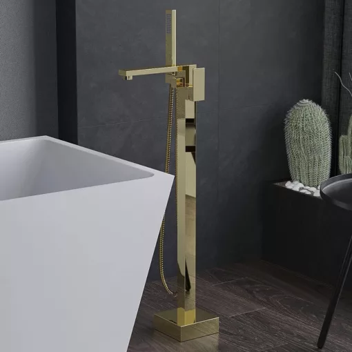 HD Isabel Glossy Gold szögletes arany szabadonálló kádtöltő csaptelep kézi zuhanyszettel