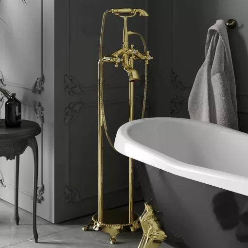 HD Maya Glossy Gold antik arany szabadonálló kádtöltő csaptelep kézi zuhanyszettel