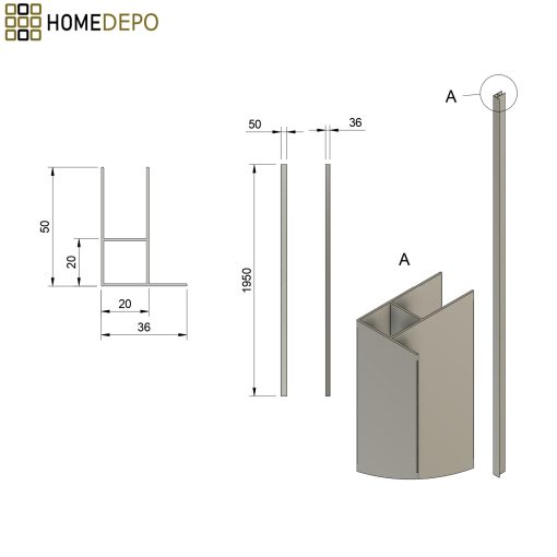 HD-X5-190-GOLD toldóprofil, +20 mm, 190 cm magas (Elio zuhanykabinokhoz)