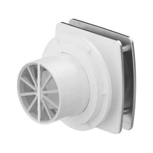 HD XHM szögletes fürdőszobai ventilátor, időzítővel és páratartalom érzékelővel, szálcsiszolt króm színben