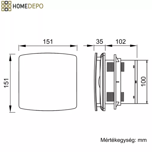 HD XTI szögletes fürdőszobai ventilátor, időzítővel, szálcsiszolt króm színben