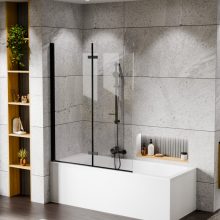 HD Axel Black 120x150 összecsukható 2 szárnyú kádparaván 6 mm vastag vízlepergető biztonsági üveggel, fekete elemekkel