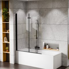   HD Axel Black 120x150 összecsukható 2 szárnyú kádparaván 6 mm vastag vízlepergető biztonsági üveggel, fekete elemekkel