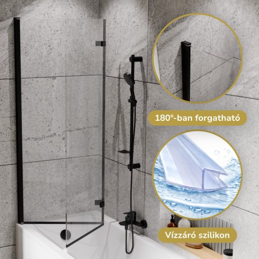 HD Axel Black 120x150 összecsukható 2 szárnyú kádparaván 6 mm vastag vízlepergető biztonsági üveggel, fekete elemekkel