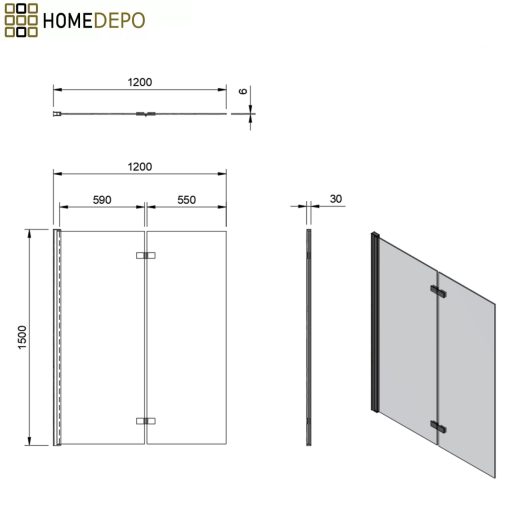 HD Axel Black 120x150 összecsukható 2 szárnyú kádparaván 6 mm vastag vízlepergető biztonsági üveggel, fekete elemekkel